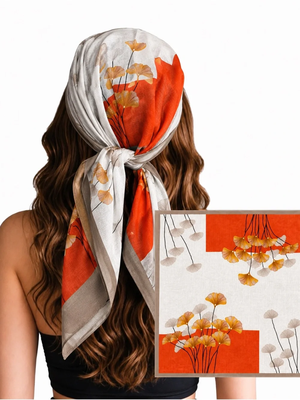 Lightweight Floral Square Scarf in Orange, Yellow and Cream